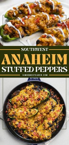 an image of southwest style stuffed peppers on a plate with text overlay that reads loaded southwest anaheim stuffed peppers