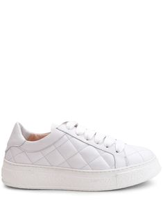 white calf leather diamond quilting front lace-up fastening round toe contrasting branded heel counter branded leather insole chunky rubber sole Calf Leather Platform Sneakers With Textured Sole, White Sole Platform Sneakers With Stitched Sole, High-top White Platform Sneakers With Stitched Sole, White Low-top Platform Sneakers With Stitched Sole, White High-top Platform Sneakers With Stitched Sole, Luxury Platform Sneakers With Round Toe, Luxury Studded Platform Sneakers With White Sole, Modern Lace-up Platform Sneakers With Stitched Sole, White High-top Platform Sneakers