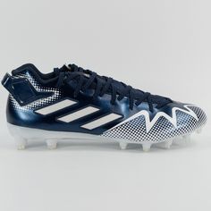 the adidas soccer shoe is blue and white