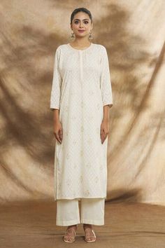 Buy Off White Cotton Embroidered Aari Round Kurta Pant Set For Women by Peenacolada Online at Aza Fashions. Kurta Pant Set, White Kurta, Aari Embroidery, Straight Kurta, Kurta With Pants, Pant Set, Set For Women, Aza Fashion, Fabric Cotton