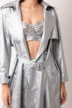 Metallic faux leather with wide lapels and double breasted fastening. pocket/lined/PU/polyester/belt Leather Trench, Long Trench, Long Trench Coat, Leather Trench Coat, Michael Kors Collection, Trench Coats Women, Boutique Online, Calf Hair, Clothes Collection