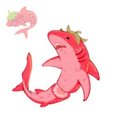 a drawing of a pink shark with a crown on it's head and a strawberry in the background