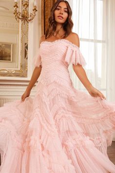 Elia Off-Shoulder Gown – Pink | Needle & Thread Off-shoulder Tulle Evening Dress For Spring, Spring Off-shoulder Tulle Evening Dress, Bridesmaid Midi Dress With Sweetheart Neckline And Ruffles, Spring Floor-length Ruffled Evening Dress, Off-shoulder Ruffled Dress For Gala, Off-shoulder Ruffled Maxi Dress For Gala, Feminine Ruffled Evening Dress For Prom, Feminine Spring Evening Dress With Ruffles, Spring Feminine Evening Dress With Ruffles