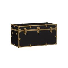 the trunk is black with gold trimmings and has two handles on each side