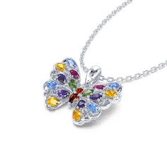 Flutter into spring with this colorful ombre necklace. Butterflies always remind us to pause and notice the world around us. Featuring rubies, amethysts, aquamarines and multi brilliant colorful stones, our silver butterfly necklace catches your eye with its exquisite sparkle. This necklace truly has us all aflutter for butterflies.Carat Weight: 10.55 ctStone Size: 1,1.3,1.5,1.8,2*3,2*3,2*3,2*3,2*3,2*3 mmStone Type: Jeulia® StoneNumber of Stones: 30 Stone Shape: Round, PearStone Color: Diamond W Multicolor Butterfly Charm Necklaces, Multicolor Butterfly Charm Jewelry, Elegant Multicolor Jewelry With Butterfly Charm, Multicolor Butterfly Jewelry For Gifts, Elegant Multicolor Butterfly Charm Jewelry, Multicolor Butterfly Jewelry Gift, Elegant Multicolor Butterfly Necklace As A Gift, Elegant Multicolor Butterfly Necklace As Gift, Elegant Multicolor Butterfly Necklace Gift