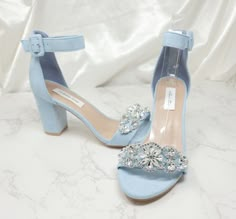 Blue Bridal Shoes available in Baby Blue faux suede, Royal Blue faux suede, Red faux suede, Navy faux suede and more. These shoes are designed with a sparkling crystal design on the front of the shoes. The listing picture shows a comfortable heel of approximately 3 1/4th inches with an ankle strap. I believe these shoes run approximately 1/2 size bigger than average so I would suggest sizing down 1/2 a size. Please contact me with any questions you may have! Please visit my website for additiona Sky Blue High Heels, Light Blue Heels Quinceanera, Light Blue High Heels Quinceanera, Light Blue Quince Heels, Quinceanera Heels Blue, Sky Blue Quinceanera Heels, Cinderella High Heels, Quencinera Shoes, Cinderella Quinceanera Heels