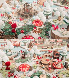 an image of a christmas scene with snow covered trees and mushrooms on the ground in front of houses