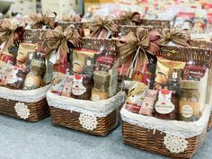 several baskets filled with different types of condiments