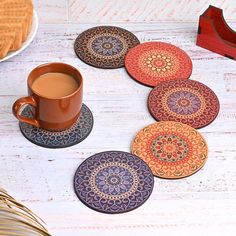 DESCRIPTIONS - Elegant Table Accessories: The Coasters Are Nice Table Accessories Adding A Touch Of Indian Elegance With Their Creative Design. Give Your Table A Beautiful Appeal With These Exclusive Mandala Art Tea Coasters. Kitchen Decor Element: Decorate Your Kitchen With A Set Of 6 Beautiful Wooden Coasters. Add To Your Kitchen Decor With This Handcrafted Piece. Comes In An Attractive Printed Color That Elevates The Look Of Your Kitchen And Dining Space. Unique Gift: Perfect Gift For Friends, Gifts For Family, Gifts For Wife, Gifts For Business, Gift For Office Buddies, Gifts For Housewarmings, Perfect Gift Items For Bars, Restaurants, Coffee Shops, Catering Events, Special Occasions, And Everyday Use. Stylish And Smart: Coasters Set Items For The Home, Are Charismatic And Lightweight, Coaster Stand, Coaster Projects, Creative Shop, Tea Coaster, Catering Events, Wife Gifts, Friends Gifts, Coaster Design, Gifts Fo