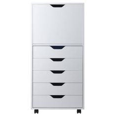 an office cabinet with five drawers and wheels on the bottom, in front of a white background