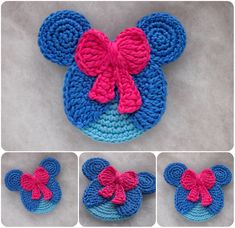 crocheted mickey mouse hat with pink and blue bow