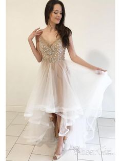 High Low Organza Beaded Prom Dresses Elegant Shiny Formal Evening Dress ARD1533-SheerGirl Star Dress Short, White Star Dress, Beaded Prom Dresses, Custom Made Prom Dress, Prom Dresses Elegant, High Low Prom Dresses, Graduation Gown, Tulle Homecoming Dress, V Neck Prom Dresses