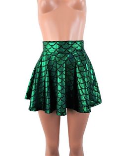 "Measure yourself to make sure you get the correct length! Green , Big round Shimmering mermaid scale print spandex skater skirt 15\" shown on mannequin.High waist skirt can be worn lower or higher most skirts allow you to place the waistline where it suits you, on your particular body shape and personal desire! this fun flirty skirt is a full circle design and can be ordered in lengths of 10 inch, 12 inch, 15 inch and 19 inch- if you need a longer length contact me for a quote. Any of my items Stretch Mermaid Skirt For Party, Fitted Green Mermaid Bottoms, Green Sequined Fitted Skirt, Mermaid Man Costume, Green Fashion Outfits, Mermaid Skirts, Skirt Circle, Skater Skirts, Green Mermaid