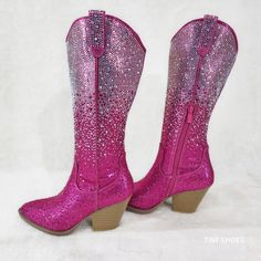 Wild One Glamour Cowboy Fuchsia Hot Pink / Silver Ombre Rhinestone Cowgirl Boots | Totally Wicked Footwear Western High Heel Rhinestone Boots, Western High Heel Boots With Rhinestones, Western Rhinestone Party Boots, Western Party Boots With Rhinestones, Western Style Party Boots With Rhinestones, Western Rhinestone Boots With Round Toe, Western Boots With Bling And Round Toe, Western Boots With Rhinestone Fringe And Round Toe, Western Boots With Rhinestones And Round Toe