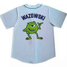 New Unused With Tags Smoke And Pet Free Home White Cartoon Print Tops For Sports, Casual Sports Tops With Mascot, White Cartoon Print Sports Top, Disney Blue Top For Streetwear, Mike Wazowski Shirt, Monsters Inc Mike, Mike From Monsters Inc, Dog Jersey, Toy Story Buzz Lightyear