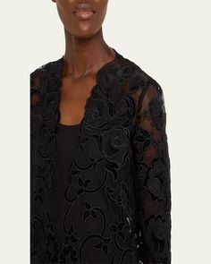 Kobi Halperin "Elian" jacket in sheer floral lace    Approx. 22"L from shoulders to hem    Open front    Long sleeves    Relaxed fit    Silk    Dry clean    Imported Kobi Halperin, Lace Jacket, Front Open, Floral Lace, Tops Designs, Opal, Dry Clean, Long Sleeves, Relaxed Fit