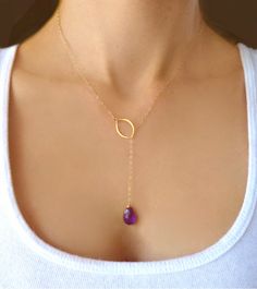 Amethyst Necklace  Beaded lariat Necklace  Gold by GlassPalaceArts, $42.90 Dangle Lariat Necklace With Gemstone, Elegant Purple Lariat Necklace As Gift, Beaded Lariat Necklace, Lariat Necklace Gold, Lariat Necklaces, Bride Ideas, February Birthstone Jewelry, Gold Lariat Necklace, Purple Necklace