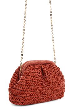 Make it a vacay day (or evening) out with this crocheted-straw clutch with a removable chain strap and an eternally beachy vibe. Frame closure Removable chain strap Burlap lining Paper straw Imported Summer Vacation Straw Bag With Chain Strap, Summer Beach Straw Bag With Chain Strap, Summer Rectangular Clutch With Chain Strap, Summer Evening Clutch With Woven Details, Chic Summer Crochet Bag, Summer Evening Woven Clutch, Elegant Crochet Bag For Spring Evenings, Chic Summer Evening Straw Bag, Elegant Crochet Evening Bag For Spring