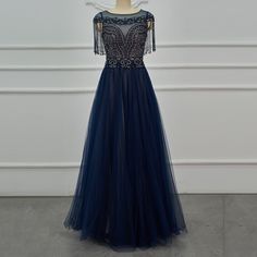 Blue Beaded A Line Crystal Luxury Formal Evening Dress Fantasy Formal