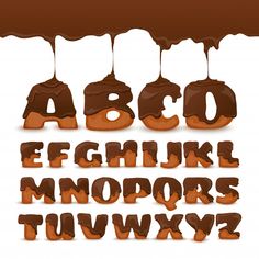 chocolate font and lowercase letters with dripping chocolate icing on them, set against a white background