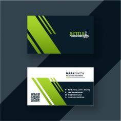 two business cards with green and black stripes on the front, one is for design