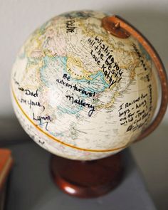 an old globe with writing on it