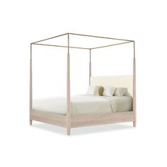 a bed with a canopy and pillows on top of it, in front of a white background