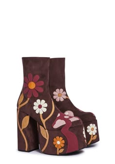 Current Mood Mushroom Daisy Vegan Suede Platform Boots - Brown – Dolls Kill 70 Summer Fashion, Hippie Platform Shoes, Colorful Platform Boots, Cute Platform Shoes Aesthetic, Brown Gogo Boots, Fairy Shoes Aesthetic, 70s Funky Fashion, 70s Platform Boots, Dolls Kill Boots