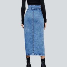 Revive the '90s with our 2023 Summer Collection: the long. stonewashed. tall-waist jean skirt that will make you stand out! Our statement denim piece is crafted with a distinctive damaged pattern. sleek slim fit. zipper and button duo and premium quality denim for a bold and stylish look.Distinctive Features: Grunge Elegance: Inspired by the iconic '90s alternative movement. these jeans embody rebellion and sophistication. Distinctive Distressed Pattern: Expertly crafted wear and tear. capturing Non-stretch Denim Skirt With Frayed Hem, Trendy Non-stretch Denim Blue Skirt, Trendy High-rise Denim Blue Skirt, Trendy High-waist Medium Wash Denim Skirt, Trendy High-rise Denim Blue Denim Skirt, Trendy High Waist Medium Wash Denim Skirt, Non-stretch Denim Blue Straight Leg Skirt, High-waist Stretch Denim Skirt, Trendy Mid-rise Denim Skirt