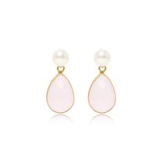 A stunning pair of cultured freshwater pearl drop earrings with pink chalcedony set in gold vermeil.    The perfect accessory to wear all year round to brighten up your wardrobe. Pretty in pink!  6-7mm cultured freshwater button pearl stud earrings on 10kt gold fill posts with Pink Chalcedony Drops set in 18kt gold vermeil. Please note gemstones, like people, are unique and therefore may have natural inclusions or inflections. Pearls are quite soft and need special care after you wear them. Alwa Pearl Birthstone, Freshwater Pearl Drop Earrings, Pink Chalcedony, Jewellery Pouch, Freshwater Cultured Pearls, Pearl Stud Earrings, Pearl Studs, Pearl Drop Earrings, Pearl Drop