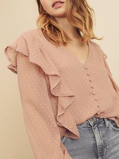 mauve color long sleeve ruffle blouse Printed Blouses, Frilly Blouse, Romantic Blouses, Ruffled Blouse, Dress Hairstyles, Embroidery Blouse, Swiss Dot, Lace Embroidery, Low Iron