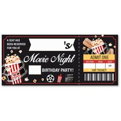 a movie ticket with the words move night on it and some popcorns in front