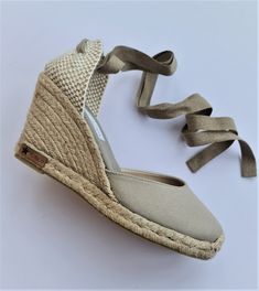 "Lace up, rope sole espadrille PUMP wedges (9cm heels = 3.54 inches) in SAND cotton canvas, with reinforcement stitching in the front. Antislippery soles covered with rubber. In order to prevent the fraying of the ribbons, the ribbon ends are glued, what makes a quite nice closing (see last pic for details). 🦋 VEGAN SHOES, animal friendly & sustainable. Eco friendly. Jute fiber has excellent insulating properties and low thermal conductivity. It is environmentally friendly, bio-degradable and r Casual High Heel Espadrilles With Wrapped Heel, Summer Lace-up Canvas Espadrilles, Beige Lace-up Platform Espadrilles, Casual Espadrilles With Wrapped High Heel, Beige Jute Espadrilles For Spring, Spring Beige Jute Espadrilles, Beige Canvas Espadrilles For Summer, Lace-up Canvas Espadrilles For Beach, Beige Closed Toe Canvas Espadrilles