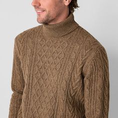 The classic, cozy design of this mutual weave men's turtleneck sweater makes it a versatile piece for the colder months. It features a cable-knit pattern, long sleeves and ribbed trims. Wear it with jeans or pants and boots. Closure Type: Pullover HeadFit: Regular FitNeckline: TurtleneckSleeve Length: Long SleeveApparel Length: 27.5 Inches - FrontFiber Content: 93% Nylon, 7% AcrylicCare: Tumble Dry, Machine WashCountry of Origin: Imported