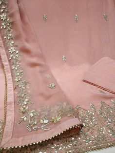 Item Overview ATHARVA Hand Embroidery Salwar Kameez/Pink Crepe Silk Shirt/Gota Patti Chiffon Dupatta/Custom Stitch Unstitch/Anarkali/Gift Dno. CH1839B Fabric: * Shirt - Crepe Silk- Hand Embroidered Neck 2.5 Mts - Beautiful Hand Embroidery * Dupatta: Chiffon Chinnon Dupatta- All over Exclusive Gota Patti Embroidery - 2.5 Mts- Latkans Tassels * Bottom Santoon Silk 2.5 Mts. Excusive Hand Embroidered Party Wear Punjabi Suit. Customization: * Fabrics Customization: Designs Can be made in different Fa Hand Work Embroidery Suits Salwar Kameez, Hand Work Embroidery Dupatta, Neck Line Embroidery Design, Handwork Dupatta, Mandira Wirk, Gota Patti Suits, Dupatta Designs, Patiala Suit Designs, Gota Patti Saree