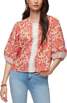 A batik-look Florentine print brightens a voluminous cotton shirt that's flared by an inverted back pleat. 22" length (size Medium) Front button closure Crewneck Elbow-length sleeves 100% cotton Dry clean or machine wash, line dry Made in the USA of imported fabric Spring Cotton Shirt With Blouson Sleeves, Spring Shirt With Blouson Sleeves And Relaxed Fit, Printed Cotton Puff Sleeve Blouse, Floral Print Balloon Sleeve Cotton Top, Cotton Floral Print Balloon Sleeve Top, Batik Scarf, Flare Blouse, Cotton Lawn Fabric, Batik Print