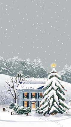 a christmas tree in front of a house with snow on the ground and trees around it