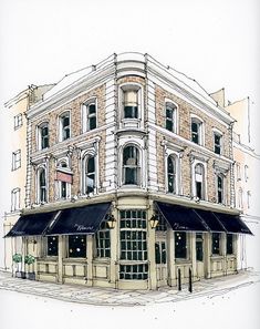 a drawing of an old building with awnings on the front and second story