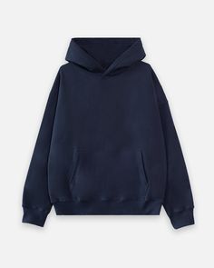 Made in our new upgraded 400GSM cotton fabric, this navy hoodie features a street inspired look with drop shoulders. 100% cotton 400 GSM Kangaroo pocket at waist Rib-knit cuffs and hem Relaxed fit Machine wash cold / hang to dry (recommended) Male model is 6'1 wearing size L Female model is 5'10 wearing size M