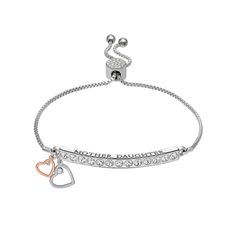 Show off your bond with this Brilliance Silver Plated "Mother Daughter" double heart charm bracelet.Click on this JEWELRY & WATCHES GUIDE to learn about fit, styles, materials and more! Clasp: adjustable Nickel free Metal: brass Charm size: 12 mm Length: 10 in. Packaging: boxed Finish: polished Additional details: crystal accents Size: 7/8". Color: Two Tone. Gender: female. Age Group: adult. Elegant Metal Name Bracelet For Mother's Day, Mother's Day Metal Charm Bracelet, White Gold Charm Bracelet For Anniversary On Mother's Day, Adjustable Stainless Steel Heart Bracelet For Anniversary, Mother's Day Heart-shaped Metal Charm Bracelet, Metal Charm Bracelet With Heart Charm For Mother's Day, Adjustable Metal Heart Bracelet For Mother's Day, Mother's Day Metal Charm Bracelet With Heart Charm, Mother’s Day Metal Charm Bracelet With Heart Charm