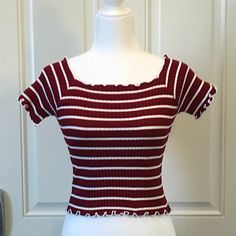 Brand New And Never Worn Color: Wine/Burgundy Size: One Size Material: Cotton/Polyester Pattern: Stripe Square Neck Burgundy Casual Short Sleeve Top, Burgundy Short Sleeve Tops For Spring, Casual Burgundy Short Sleeve Top, Trendy Burgundy Cotton Tops, Burgundy Short Sleeve Top For Fall, Burgundy Casual Crew Neck Top, Casual Burgundy Crew Neck Top, Fitted Ribbed Burgundy Top, Red And White Shirt