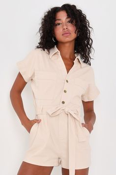 Simplicity is always in, and it's impossible not to look good in a minimalist-chic look like the Lulus Everyday Energy Beige Collared Belted Short Sleeve Romper! Stretch-woven cotton-blend twill fabric shapes this easygoing romper that's sure to become a weekday favorite with its collared neckline and short sleeves. Bodice boasts a three-button placket at the front, with twin patch pockets. Sash belt wraps the waist, atop cute shorts (with a hidden zip fly) that have twin back patch pockets and Jumpsuit Shorts, Shorts With Belt, Belted Romper, Lulu Fashion, Minimalist Chic, How To Have Twins, Short Sleeve Romper, Belted Shorts, Sash Belt