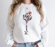 Floral Mama Sweatshirt, Wildflowers Mama Sweater, Flowers Mom Hoodie, Mothers Day Cute Gift, Mother Day Hoodie, Mom Shirts, New Mama Sweater Message for any details please! ☀️☀️☀️☀️☀️ Everything in our shop is hand crafted and made to order. If you want different color or size contact me! If you would like something custom made to fit your personal style please message me and I will do everything to get you that something special. ---How To Order--- ⭐️Please, check and review all photos ⭐️Choose White Crew Neck Hoodie For Mother's Day, Mother's Day Casual Long Sleeve Sweatshirt, Casual Long Sleeve Sweatshirt For Mother's Day, Long Sleeve Hoodie With Letter Print For Mother's Day, Spring Gift Long Sleeve Sweatshirt, Spring Long Sleeve Sweatshirt, Sweater Flowers, Mama Pullover, Mama Sweater