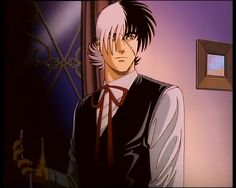 an anime character with white hair wearing a black vest and tie standing in front of a door