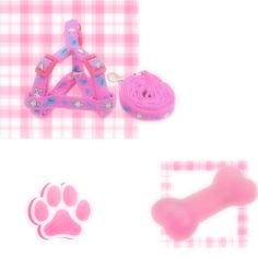 a pink dog toy, leash and bone on a checkered tablecloth with paw prints