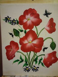 a painting of red flowers on a white background