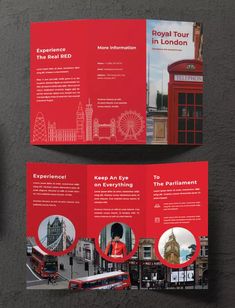 two red brochures with pictures of london on them