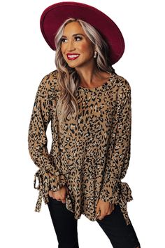 Leopard Print Cuff Knot Long Sleeve Blouse Leopard Style, Leopard Blouse, Leopard Fashion, Blouse Online, Lantern Sleeves, Club Dresses, Long Sleeve Cardigan, Affordable Fashion, Printed Blouse