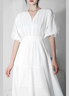 Comfy White V Neck Cotton Lantern sleeve Summer Dress - SooLinen Solid A-line Dress With Gathered Sleeves, Casual Puff Sleeve Dress With Pleated Sleeves, Solid Color Knee-length Dress With Pleated Sleeves, Solid Knee-length Dress With Pleated Sleeves, Casual Midi Dress With Pleated Puff Sleeves, Solid Color Knee-length Midi Dress With Pleated Sleeves, Spring Solid Color Midi Dress With Pleated Sleeves, Short Sleeve Midi Dress With Elastic Sleeves For Daywear, Casual Brunch Dresses With Pleated Sleeves