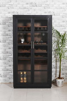 Moti Fernious Tall Wine Cabinet in Dark Gray 95120002 Wood Presents, Wine Cabinet, Solid Mango Wood, Wine Cabinets, Bar Cabinet, Display Cabinet, Mango Wood, Dark Gray, Mango